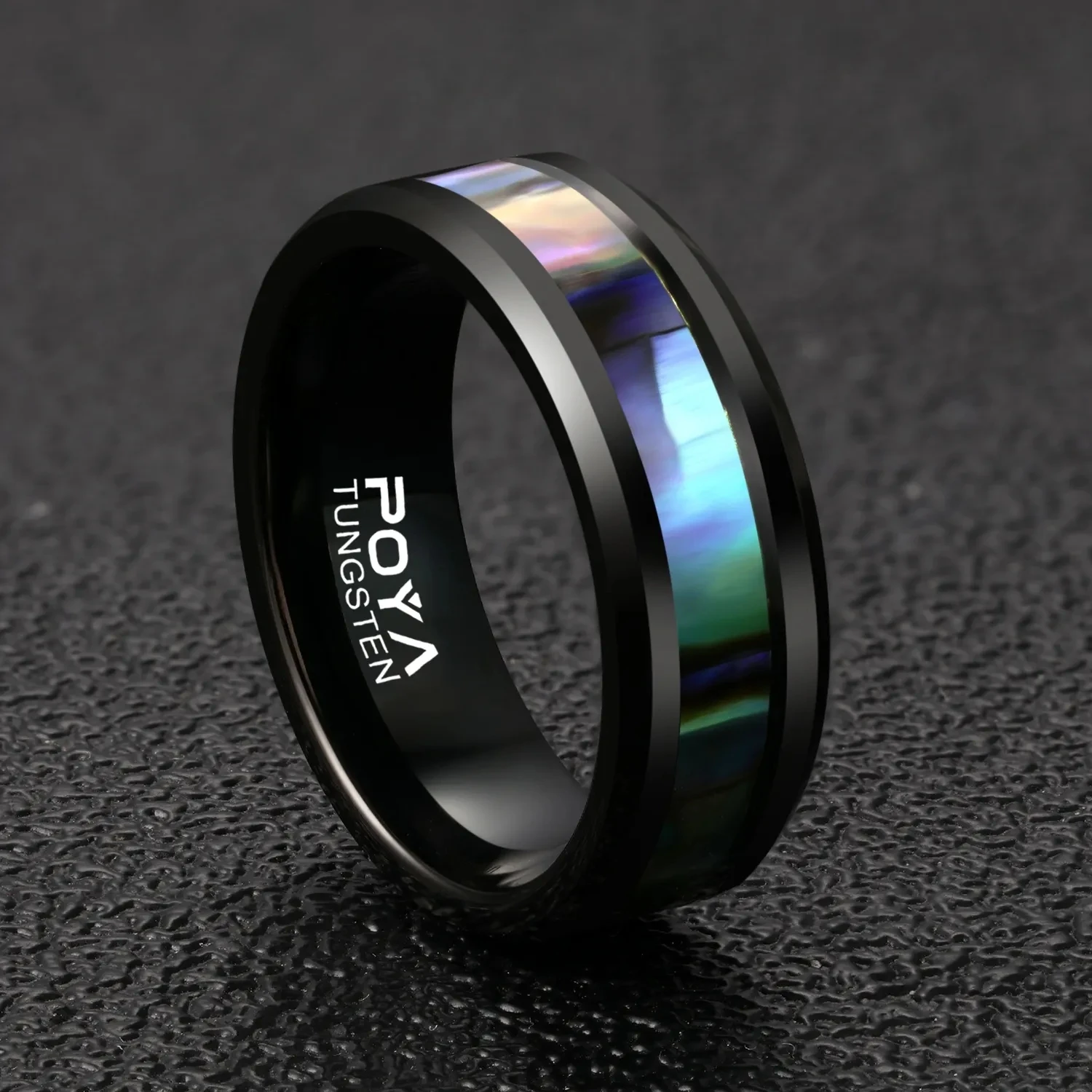 Poya Fashionable Wholesale 8mm Abalone Shell Inlay Tungsten Ring Resizable for Wedding Engagement or Gift Fashion Jewelry