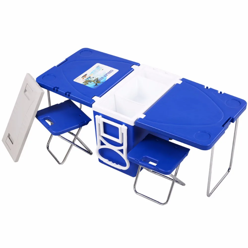 Double 11 Deals And Discounts Outdoor Rolling Cooler with Table And Chairs Product Testimonial Blue For Picnic Camping