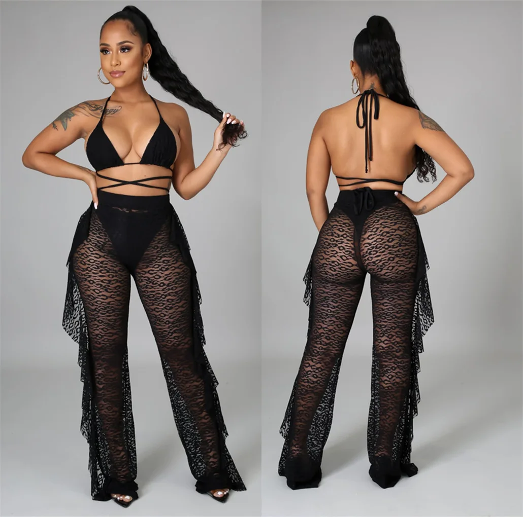 2021 Summer Night Club Bikini Halter Sexy Swimsuits for Women 3 Pcs Sheer Women Long Pant Bathing Suits