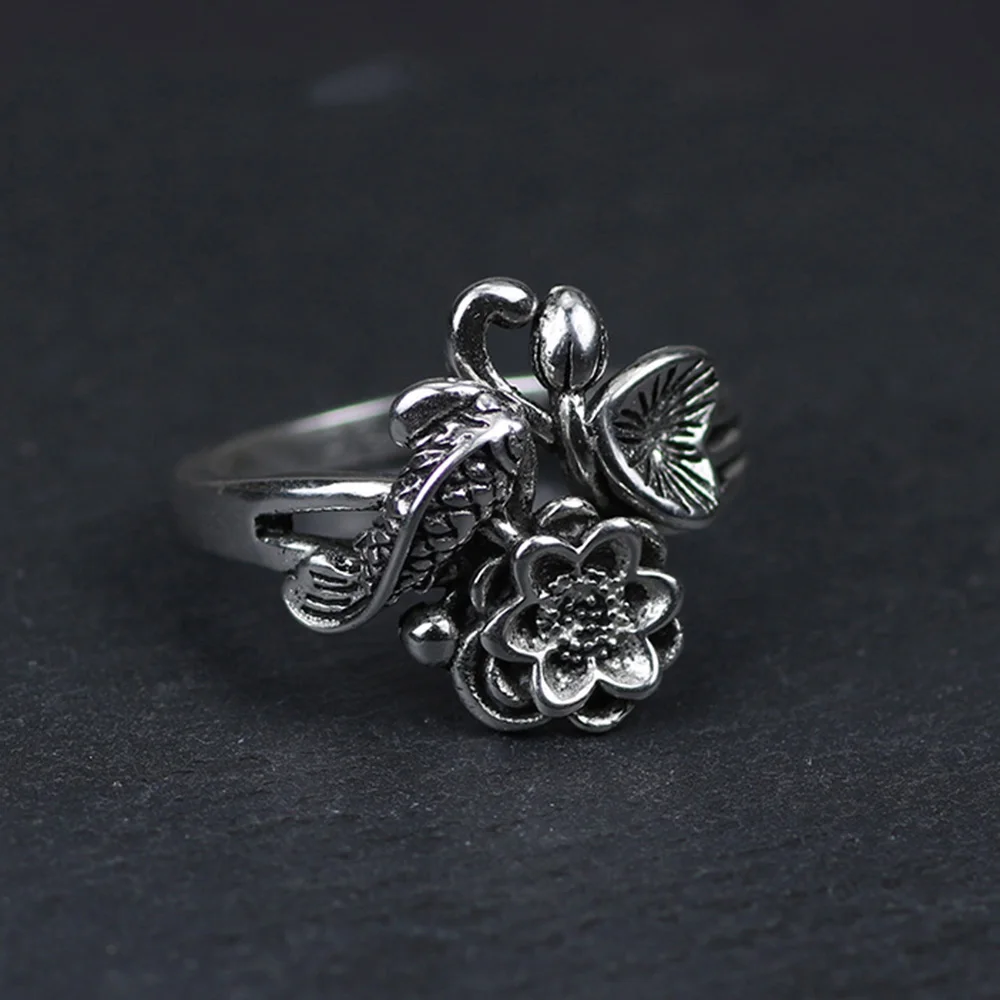 Authentic 925 Sterling Silver Fish And Lotus Flowers Rings For Women Adjustable Vintage Jewelry Aneis Feminino
