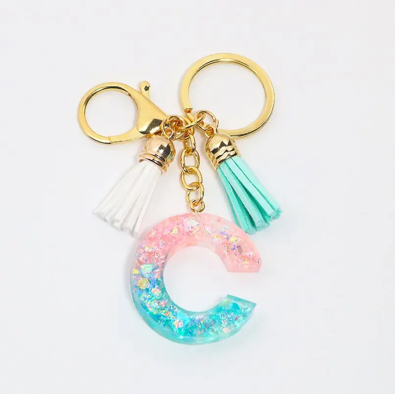 26 English word Letter Keychain,sparkle Glitter shell paper Resin keyring Tassel A TO Z Handbag Charms for Woman
