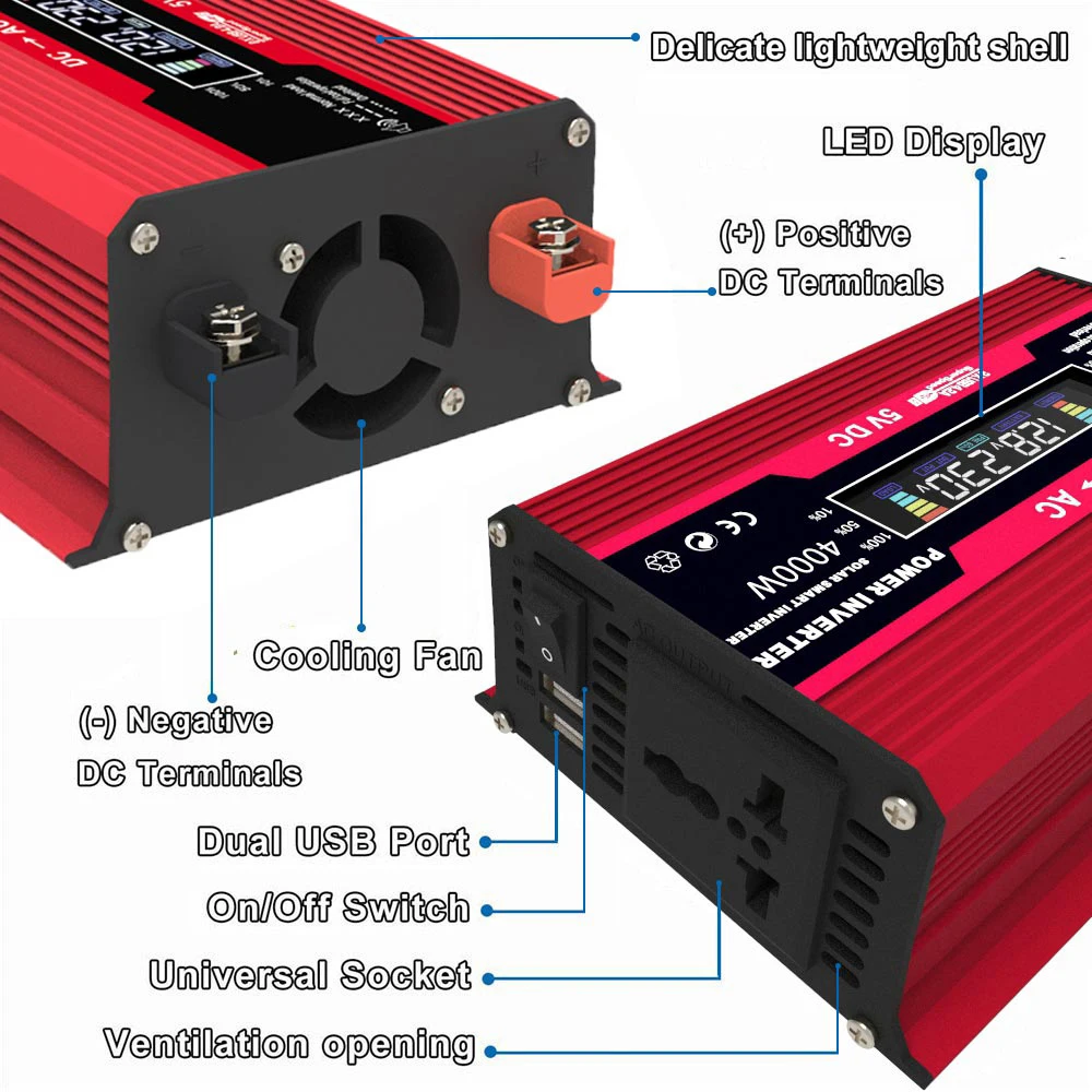 4000W 12V 220V Converter Sinus Auto Inverter with Charger LCD Display Solar Power Bank Supplies for EU UK Plug Power Inverter