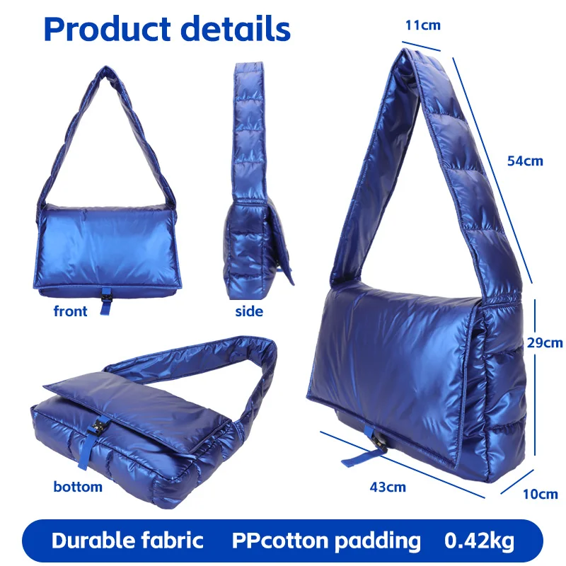 Blue Puffy Shoulder Bag Fashion Puff Cotton Winter Padded Puffer Messenger Hobo Bag Quilted Crossbody Bag for Women