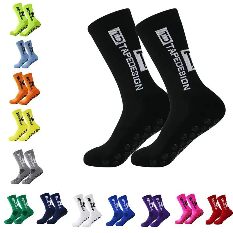 Custom Logo Thickened Mid Tube Athletic Socks Anti-slip Striped Sports Soccer Grip Socks Men Football Socks