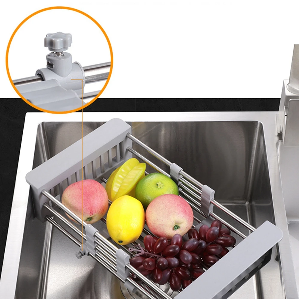 Vegetable Fruit Armrest Drainer Stainless Steel Over Sink Dish Drying Rack Functional Retractable Drain Strainer Basket
