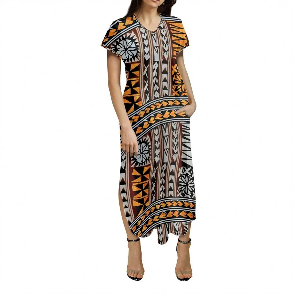 Polynesian Tribal Samoan Fijian Custom Logo 2024 New Summer Ladies Design V Neck Short Sleeve Double Slit Dresses Wholesale