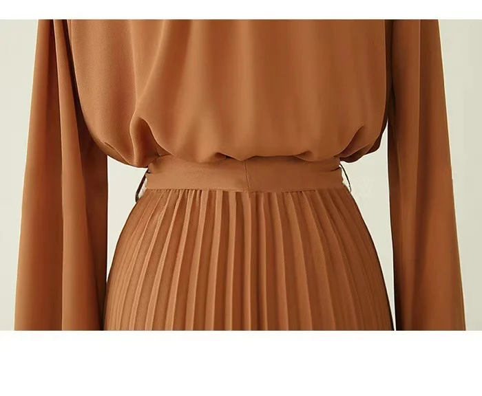 Ladies Round Neck Plain Long Dress Women Long Sleeve Elegant Summer Casual Maxi Chiffon Dresses With Belt