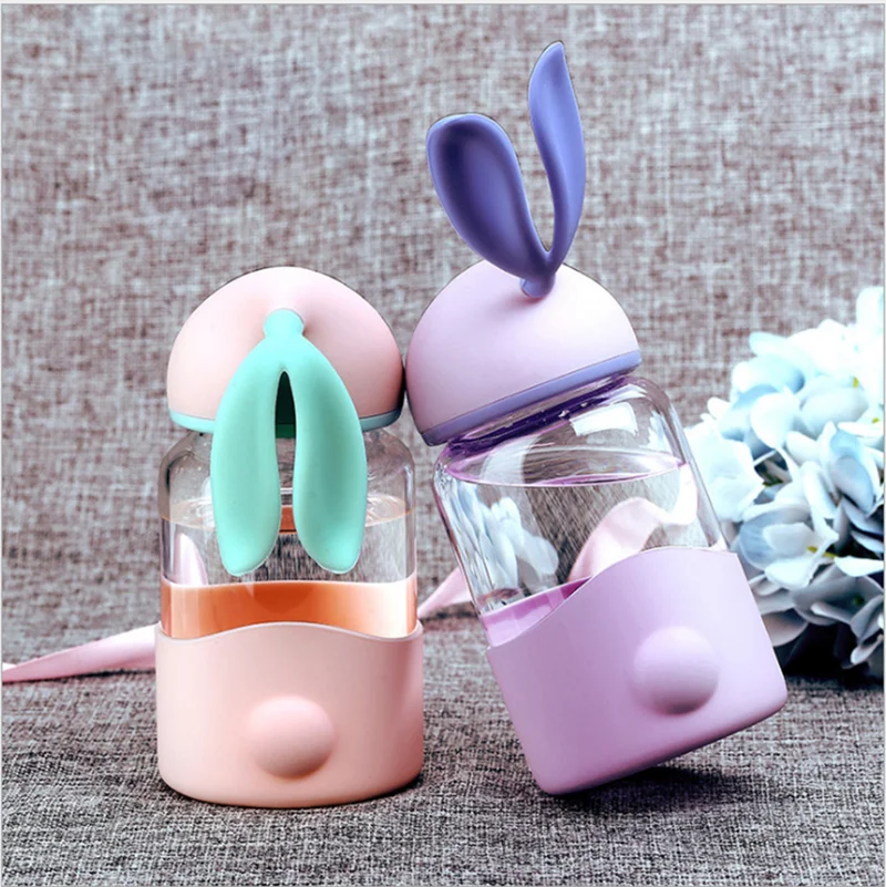Cute 340ML Water Bottle Cartoon Rabbit Glass Bottle Silicon Sleeve Kids Student Girls Portable Drink Tea Bottle