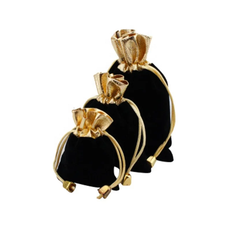 
50pcs/Lot Black Velvet Pouches Lint Bag Jewelry Pouches Golden Top Drawstring Velvet Bag 