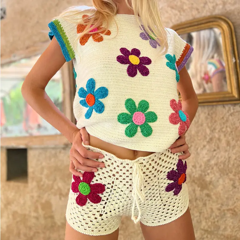 2024 Summer Custom Retro Handmade Crochet Hollow Short Sleeved Top 2 Piece Suit Shorts Knitted Women Sweater