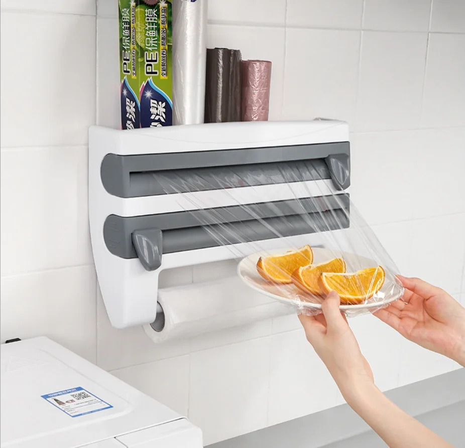 4 in 1 Multi purpose wall mounted kitchen towel tin foil cling film dispenser cutter with holder
