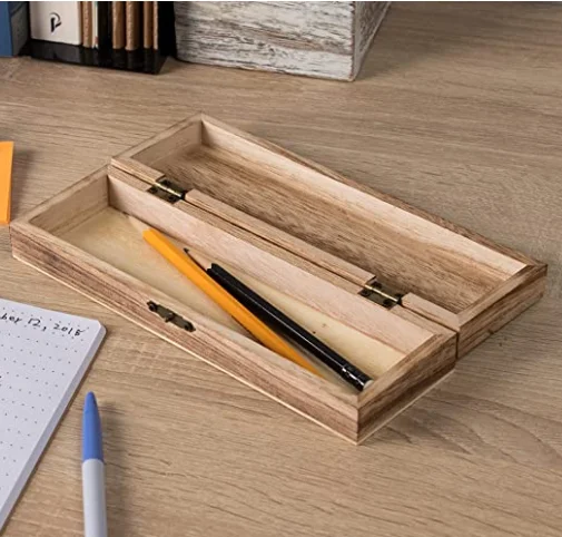 Wooden Pencil Case 2-Pack Wood Pen Pencil Box Rustic Desk Organizer Hinged Lid with Clasp Closure