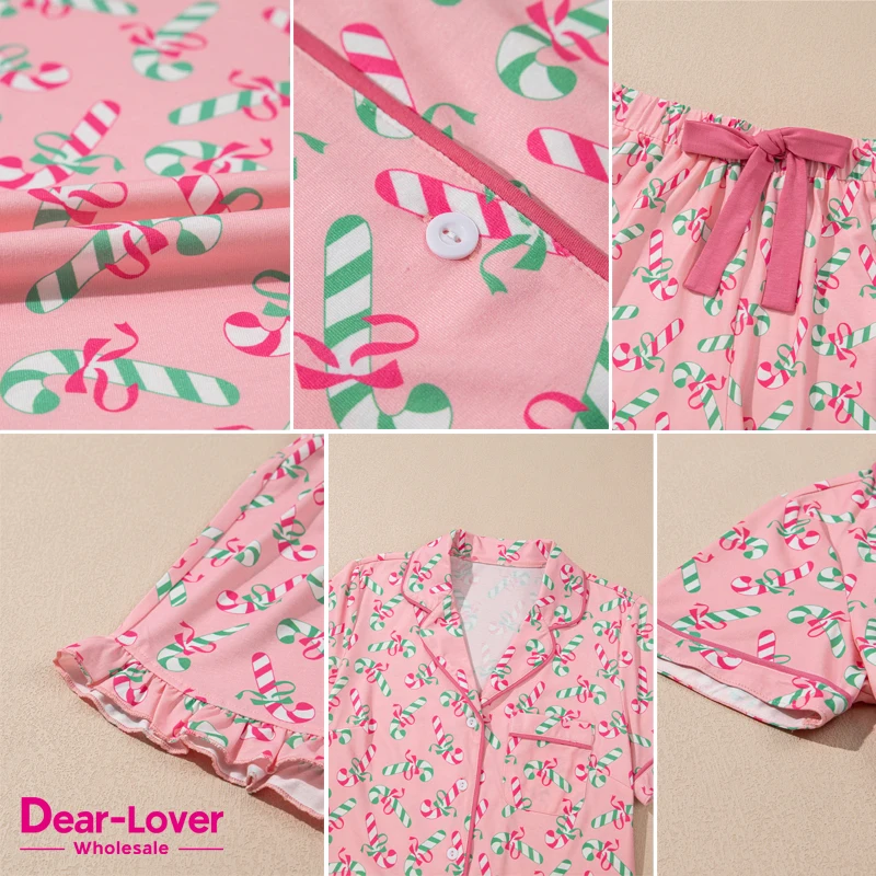 Dear-Lover Wholesale OEM ODM High Quality Cute Christmas Print Bow Knot Two Piece Lounge Wear Loungewear Women Pajama Set
