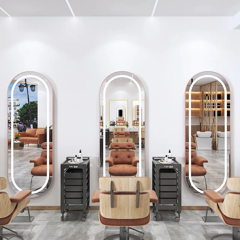 Full Length adjustable long arch Salon Mirror Station Hair Salon Furniture Barber Station Styling Gold LED Mirror With Light
