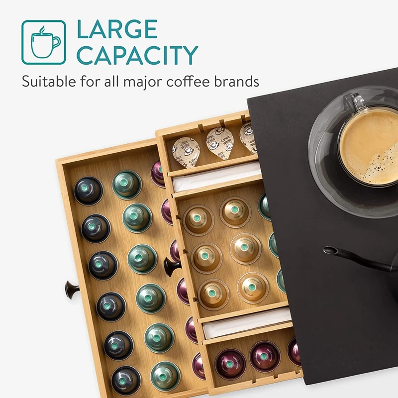 Coffee Capsule Holder with 2 Drawers Bamboo Coffee Pod Storage Compatible with K-Cups Capsules and Pods Drawer Organizer