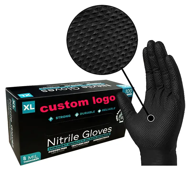 Custom OEM Logo 8 Mil Mechanic Diamond Texture Grip Gloves Heavy Duty Pure Nitrile Automotive Food Service Industrial Safety