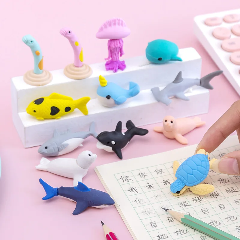 Creative 3D rubber sea lion shark shape underwater sea eraser for school