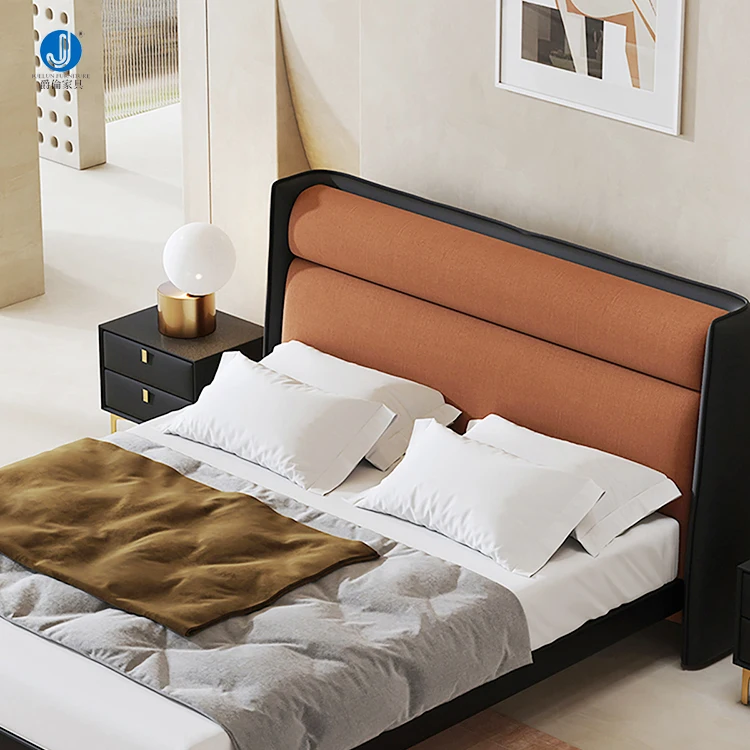 China Style Bedroom Furniture Double Bed Latest Bed Sat King Size Browne Color Flannel Wood Bed