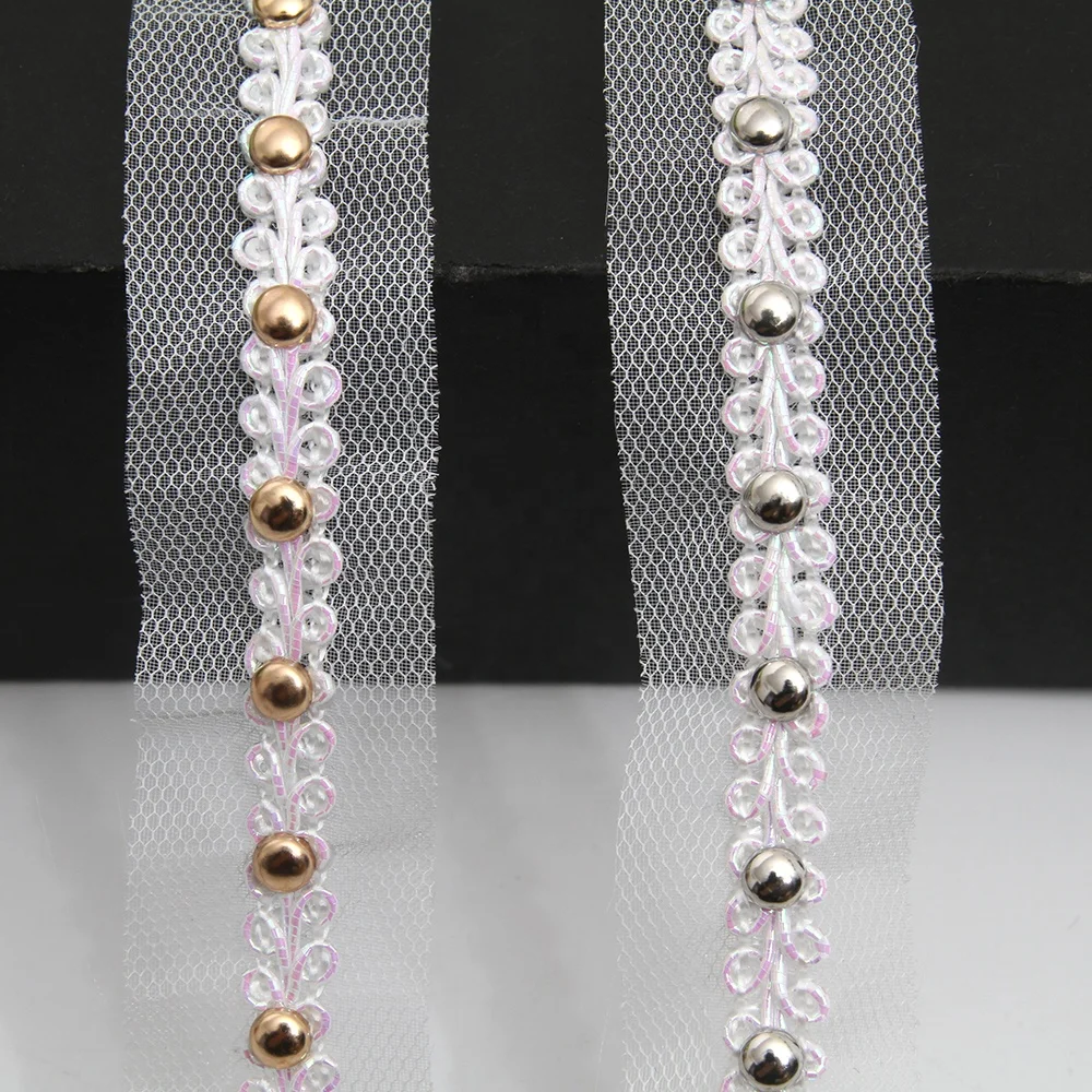 Wholesale 2.5cm Size Studs trim ribbon diy handmade costume dress sewing bead lace trim Design Rivets Sequins Trims