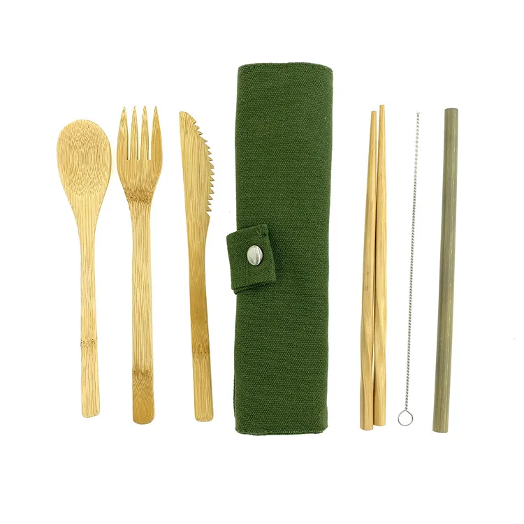 
6 Piece Travel Set Reusable Bamboo wooden Cutlery In cloth bag Case 