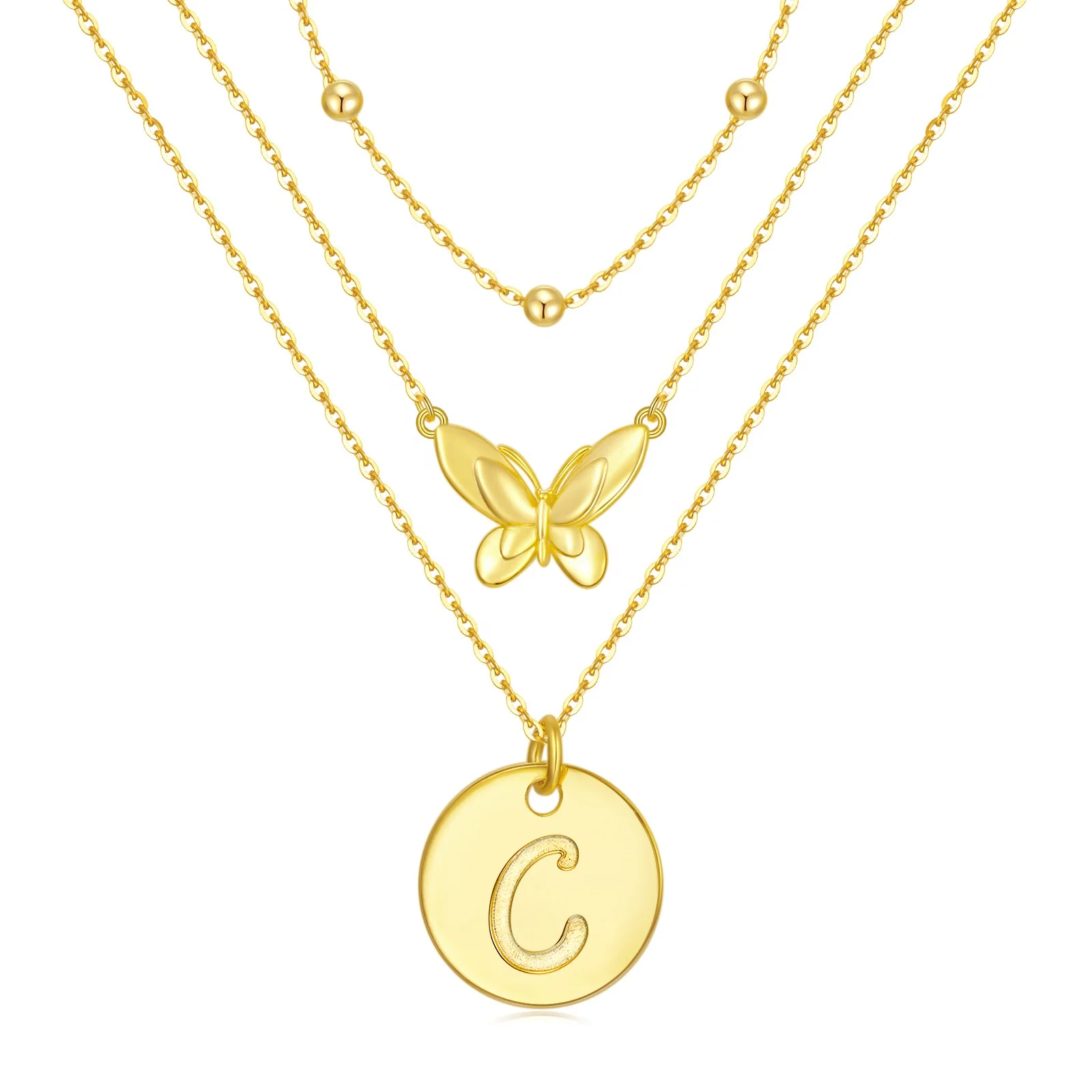 Round Alphabet Pendant 3 Lines Butterfly Necklace Initial 925 Silver 14k Gold Plated Letters A-Z Charm Necklaces Jewelry