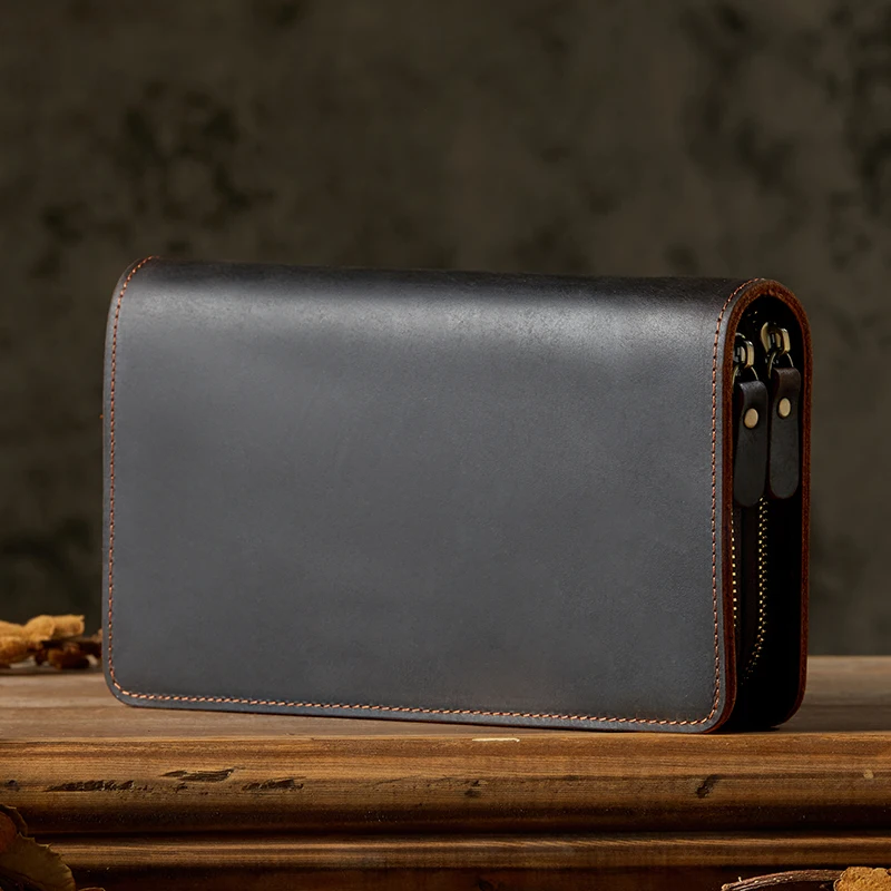 Vintage Genuine Leather Double Zipper Handbag Men Crazy Horse Leather Clutch Long Wallet Cowhide Leather Business Card Holder