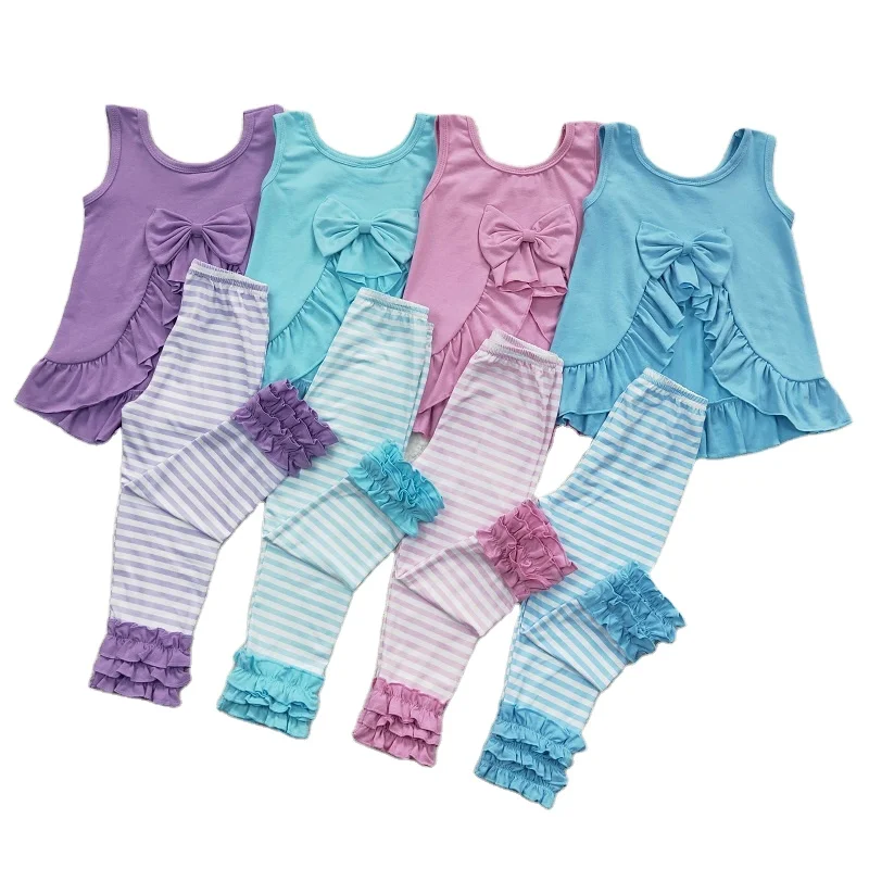 Hot Sale Fashion Solid Color Baby Girls Pink Lace Stripe Tank Top Trousers Set Wholesale Children Clothing Outfit RTS
