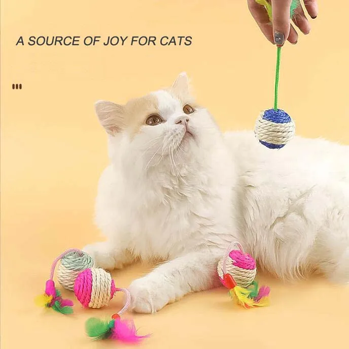 Pet Grinding Claws Toys Cat Interactive Toys Sisal Ball with Feather Tail Sisal Feather Tail Cat Chewing Toy
