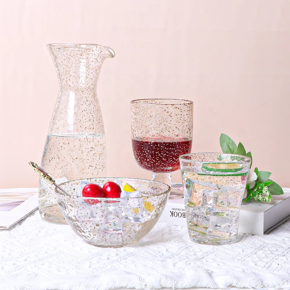Telsen Wedding Gold Confetti Wine Glass Goblet Tumbler Carafe Pressed Glass Tableware
