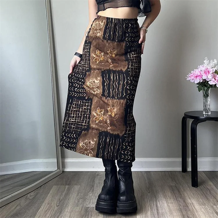 Y2K Cute Party Long Skirts Printed Boho Retro Skirts Vintage Brown Chic Patchwork Skirts Preppy Girl High Waist Autumn Wear