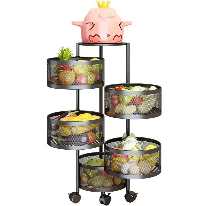 Fruit Vegetable Basket for Kitchen Rotating Storage Rack 5 Tier Rolling Cart Basket with top lid Large Metal Wire Basket