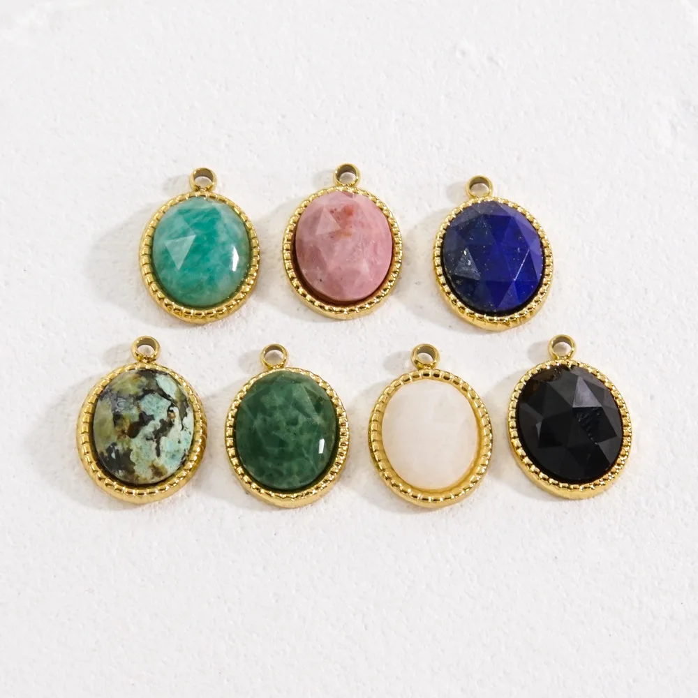 10.5*15mm Healing Natural Stone Pendant Stainless Steel 14K Gold Vacuum Plated Oval Pendants & Charms DIY Jewelry Making