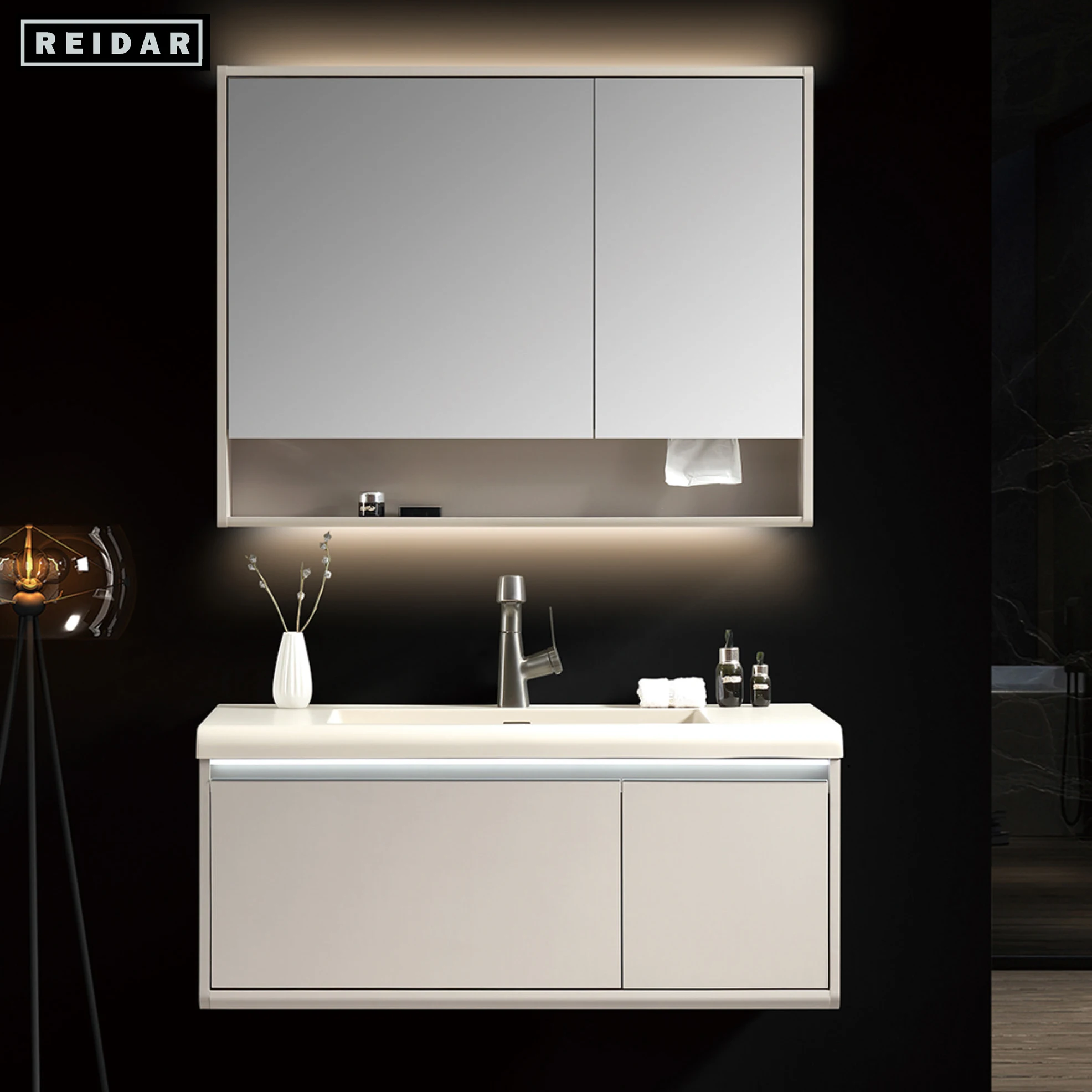 Luxury Customize Basin Bath Cabinet Single Sink PVC Storage Bathroom Vanities With Countertop Hand Wash Basin With LED Mirror