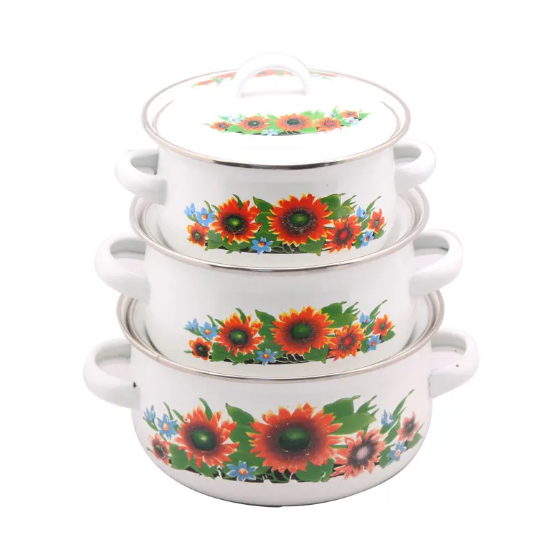 Sustainable 3pcs 16-18-20cm Ceramic Enamel Casserole Set Cast Iron Dutch Oven Pot with Floral Design