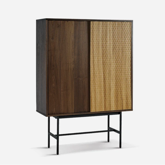 Sideboard with metal frame for dining room furniture 18mm MDF with PU painting cabinet, oak veneer top, metal legs