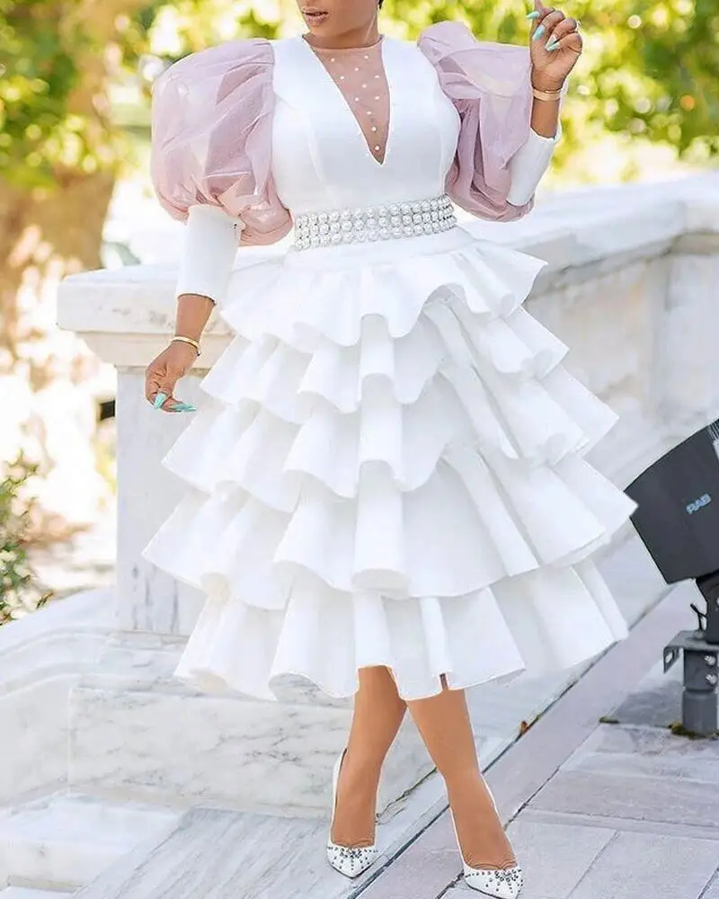 2023 New White African Dresses for Women Autumn African Women V-neck Polyester Knee-length Dress African Clothes S-3XL