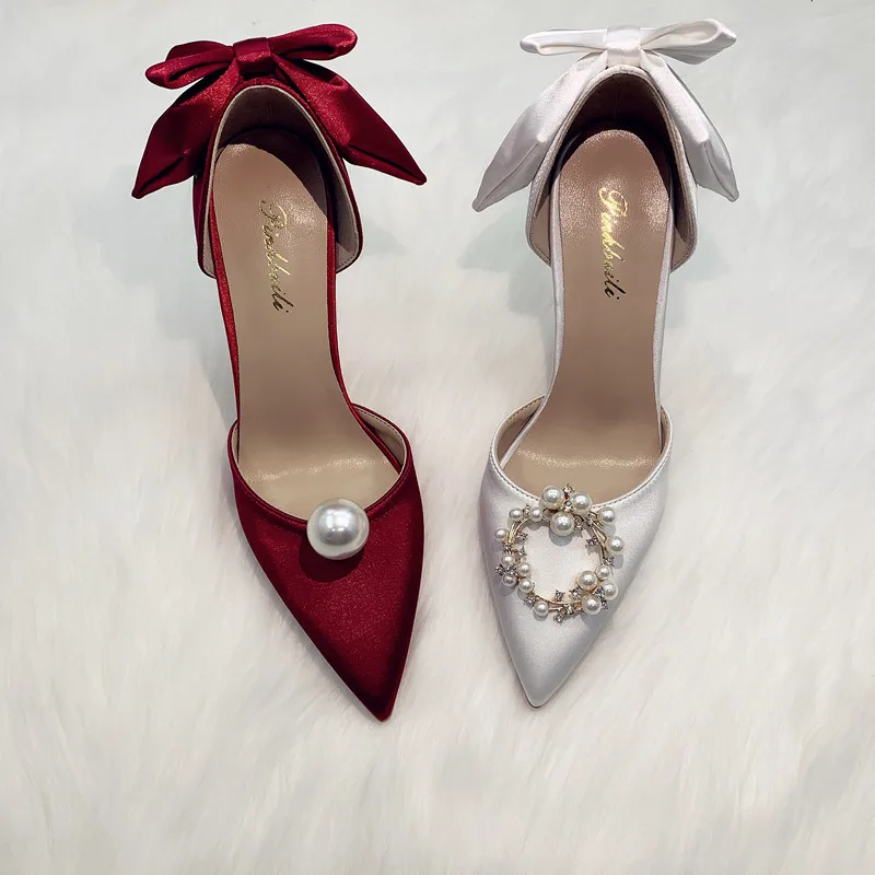 2023 bow pearl pointed red 8cm high heel single with white main dress bride wedding shoes