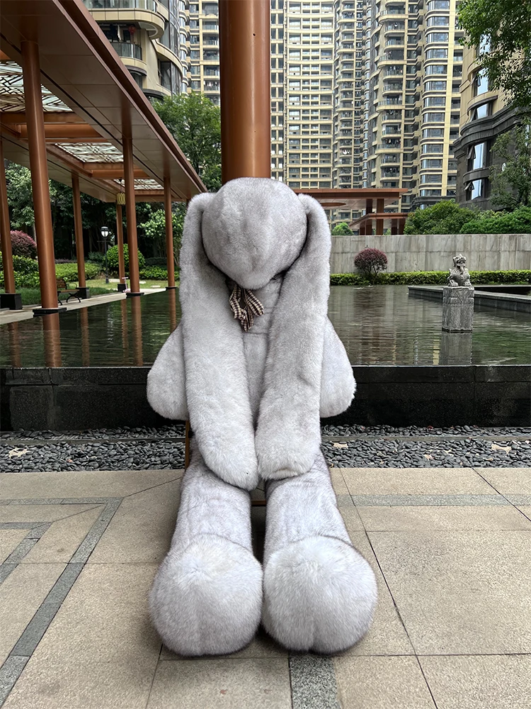 Women Fashionable Extremely Bigger Size 210 cm Tall Luxury Real Natural Blue Fox Fur Rabbit Toys Girl Friend Boy Friend Present