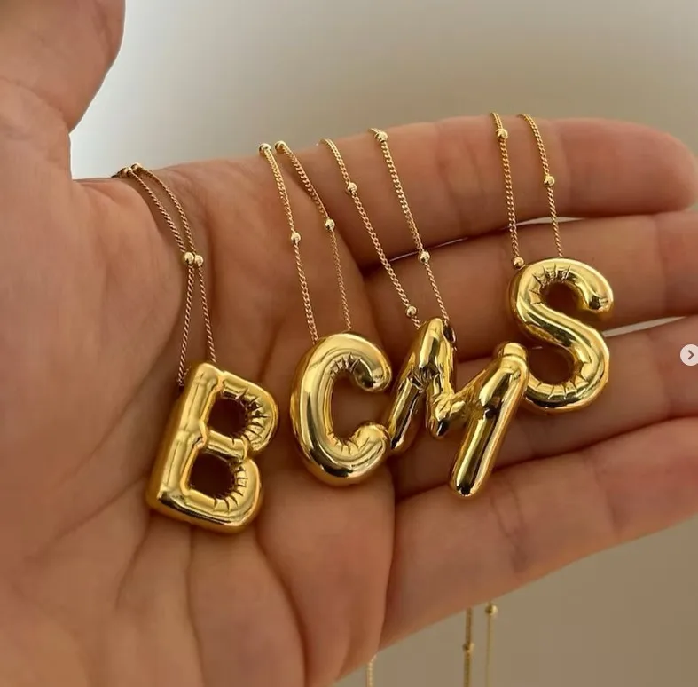 Personalized Gold Necklace Stainless Steel Bubble Balloon Puff Letter Necklace Balloon Initial Letter Pendant Necklace for Women