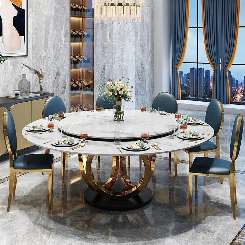 Круглый обеденный стол с каменной столешницей, обеденный стол с золотым основанием для кухни, мраморный обеденный стол с ленивым Susan
