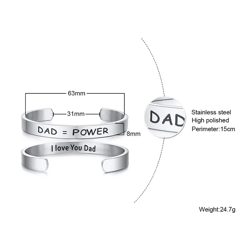 
Father Gift Men Stainless Steel Opened Cuff Bangle Custom Engraved I Love You DAD Power Bracelet Jewelry for Men 