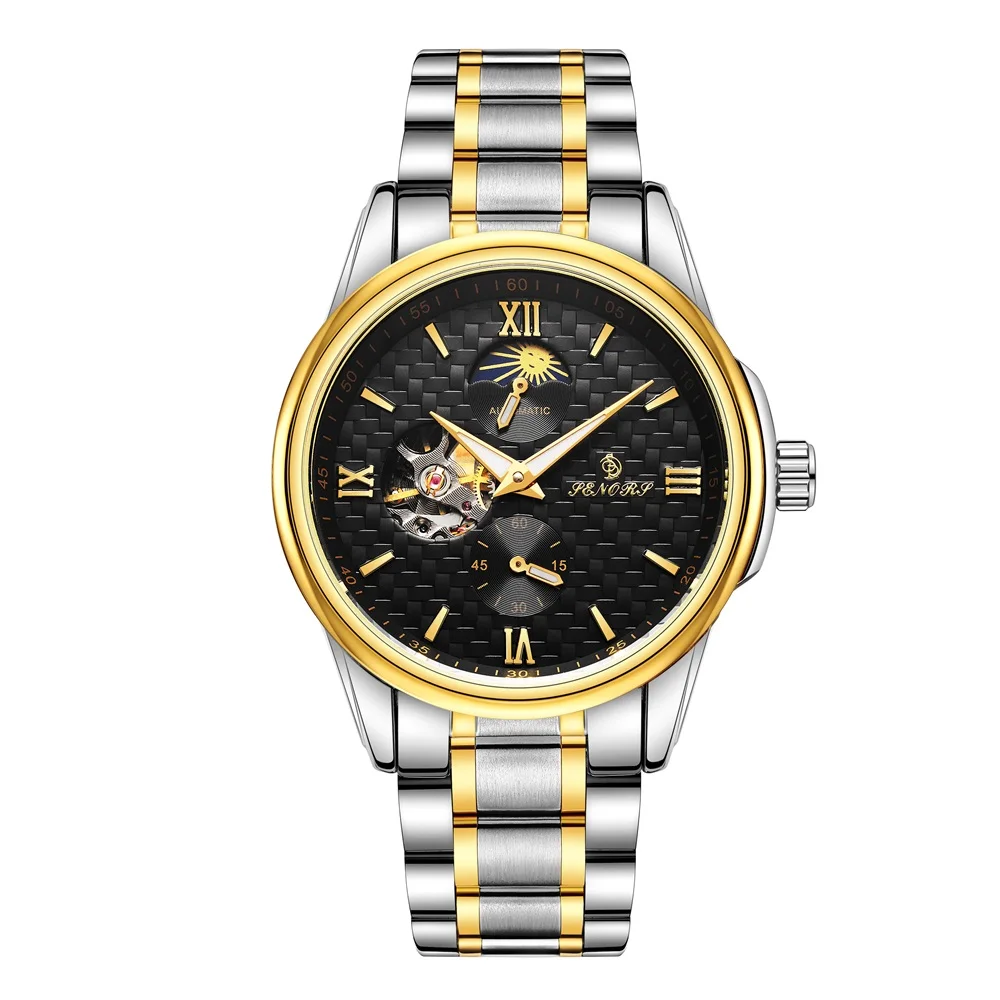 Частная торговая марка Автоматические Механические Многофункциональные светящиеся водонепроницаемые золотые мужские часы из нержавеющей