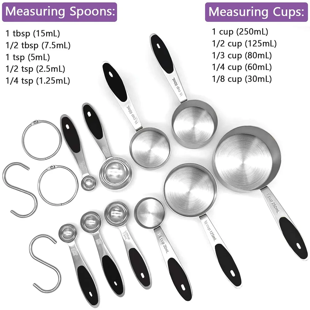 Custom stainless steel metal Kitchen cooking Measuring Cups and Spoons Set silicone handle . spoon cup of 6 30ml 250ml 5ml 2.5ml