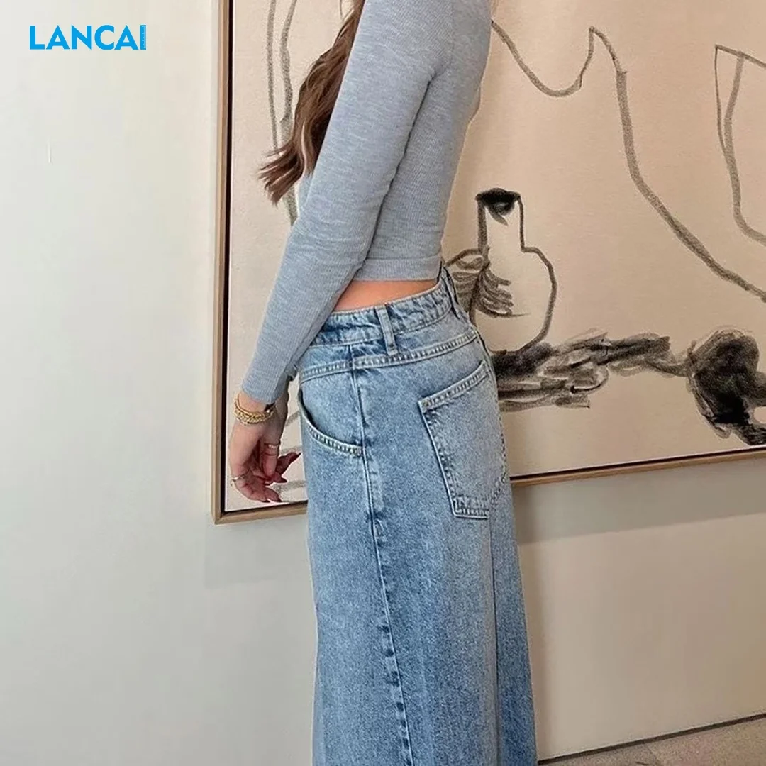 High Quality Retro Denim Skirt Button Irregular High Waist Skirt And Ladies Slit Maxi Blue Jean Women Skirt