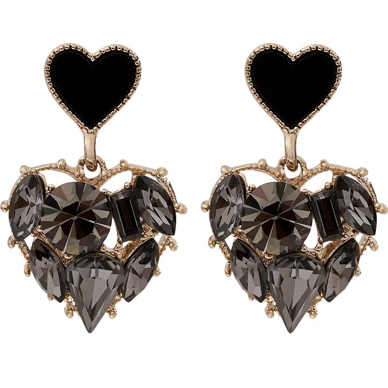 Fashion Koran Trendy Gold Plated Crystal Rhinestone Heart Earring Black Crystal Stereo Heart Pendant Earring for women 2021
