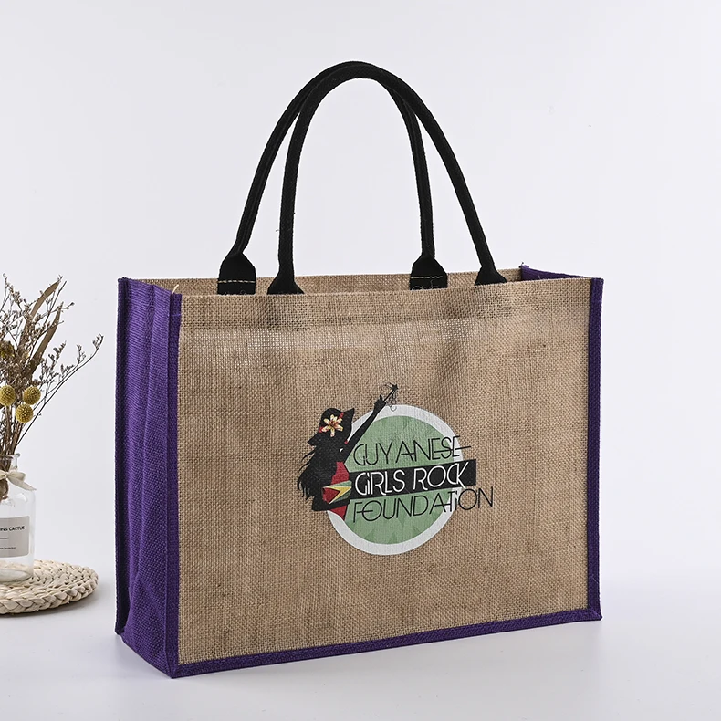 Customized Printed logo Jumbo Burlap Handbag Eco Reusable Shopping Jute Tote Bag