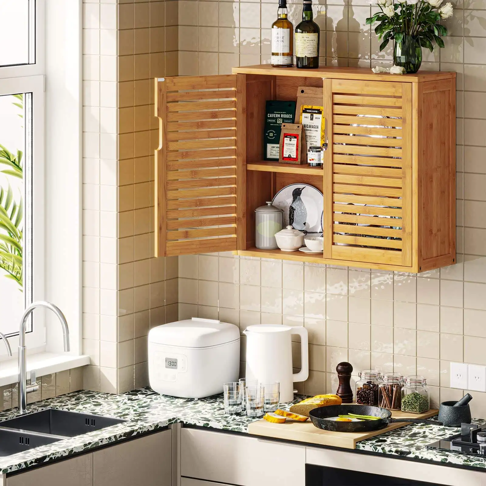 Bamboo Cabinet Bamboo 2 Tier Bathroom Wall Mounted Cabinet Double Door Wooden Cabinet