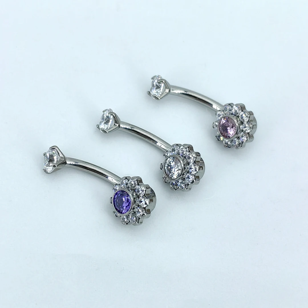 Calendo Wholesale New Fashion Jewelry ASTM F136 Titanium Flower Belly Ring White CZ Internally Threaded G23 Titanium Body