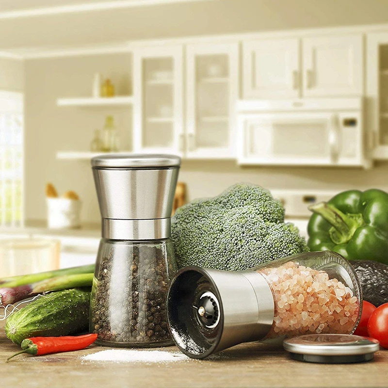  Salt and Pepper Grinder Mill Set Shakers Brushed Stainless Steel Glass
