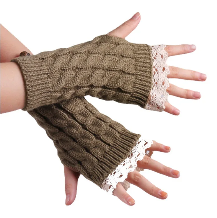 Winter Autumn Women Fashion Lace Trims Long Fingerless Knitted Crochet Mitten Wrist Warmer Gloves Wrist Arm Hand Warmer